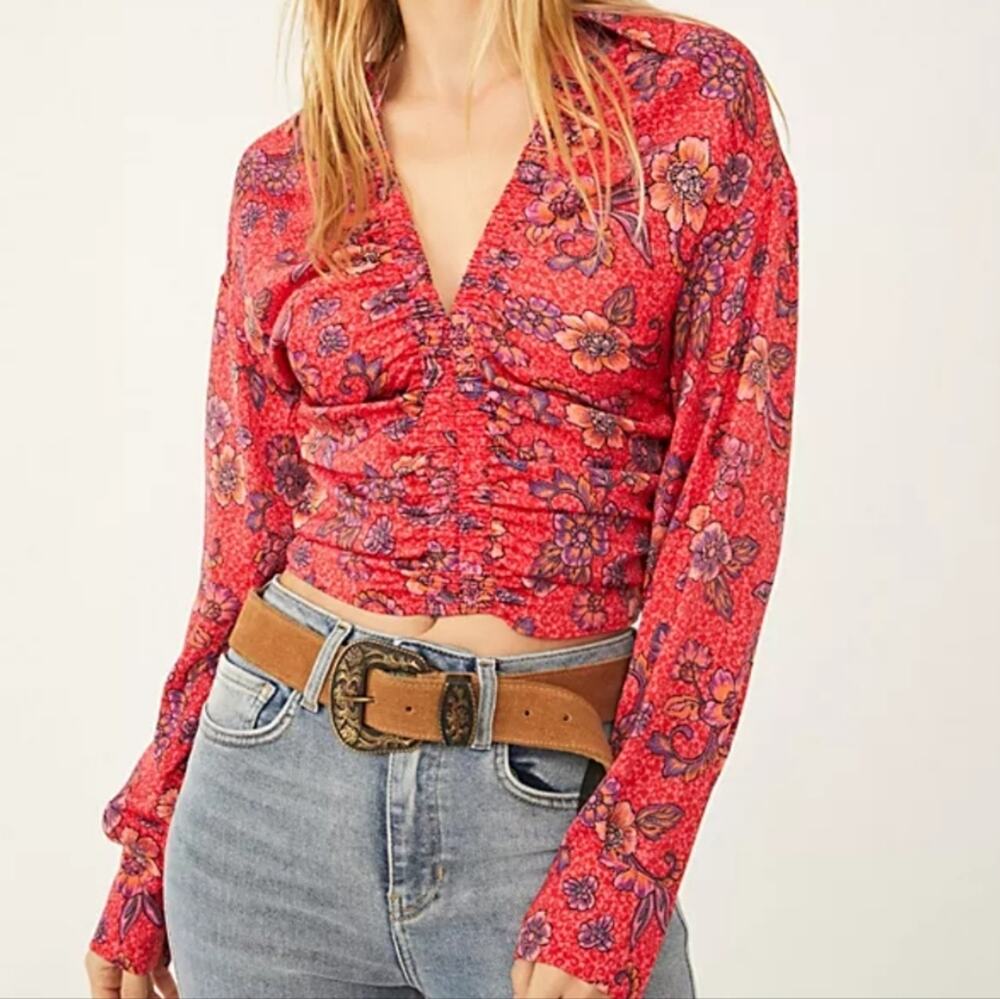 Free People Pink Floral I Got You Printed Long Sleeve Top S